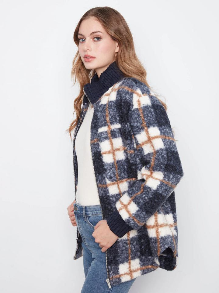 Fuzzy Plaid Jacket with Round Hem