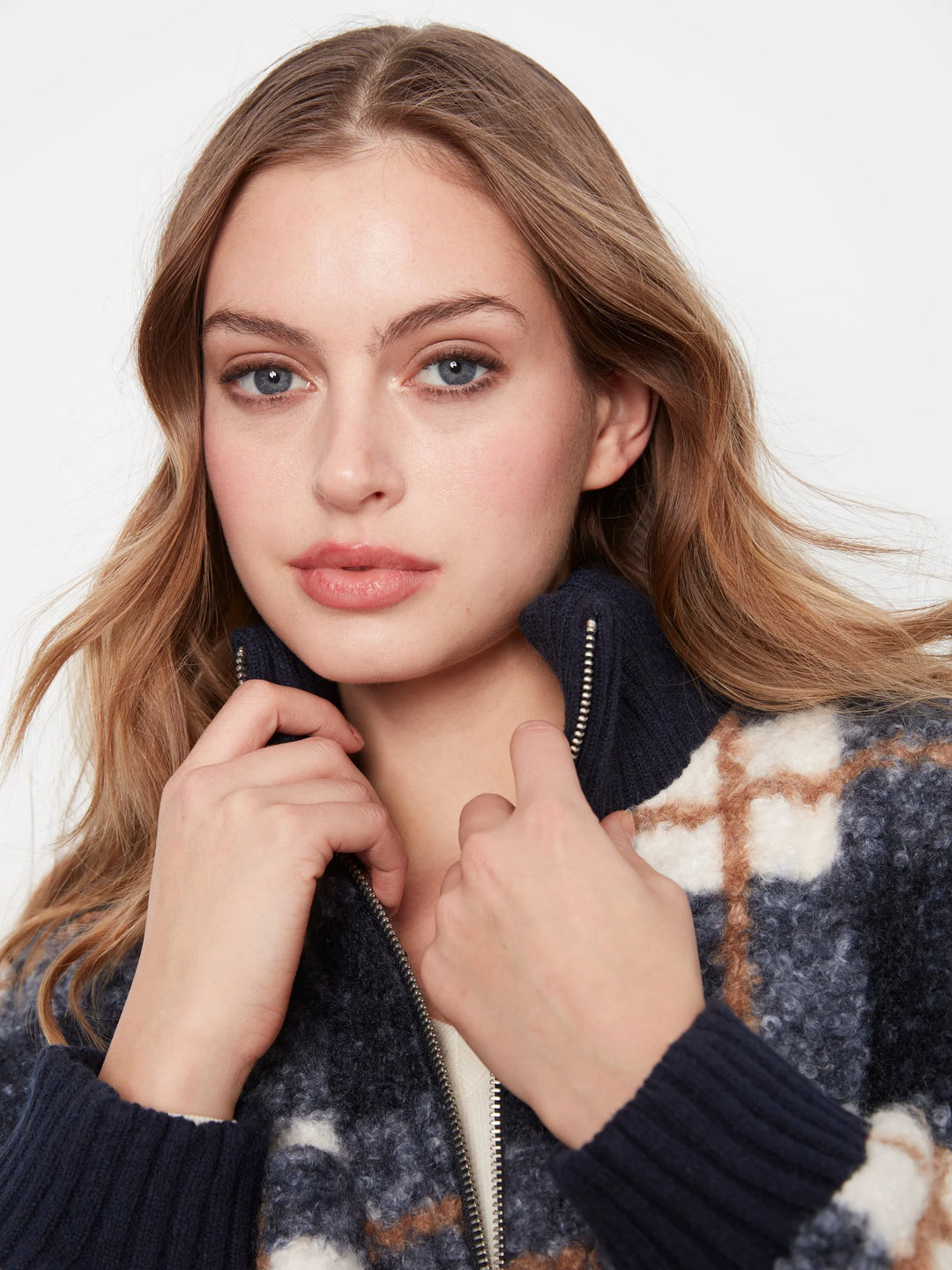 Fuzzy Plaid Jacket with Round Hem