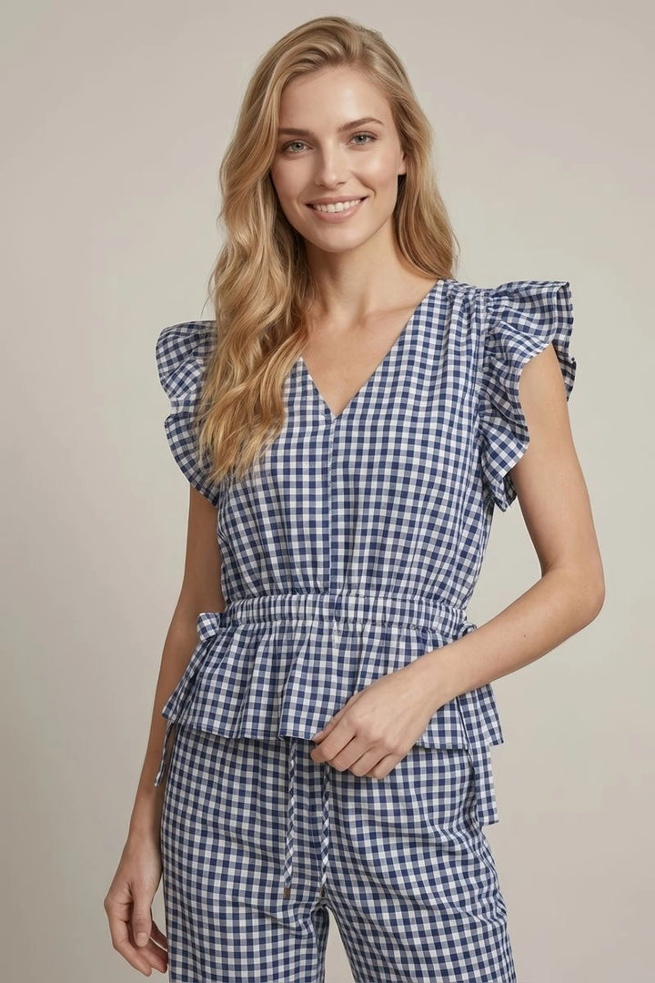 Gingham Ruffle Peplum Top w/ Side Tie
