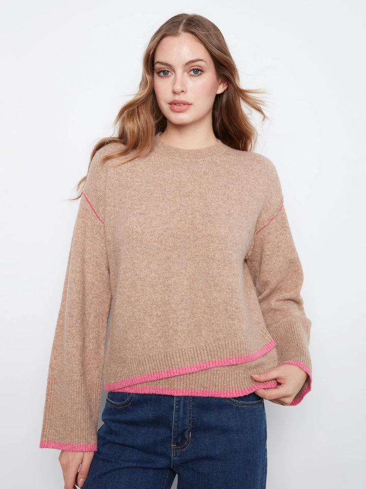 Wide Long Sleeve Drop Shoulder Crew Neck Sweater With Asymmetric Hem Detail &amp; Contrast Tipping