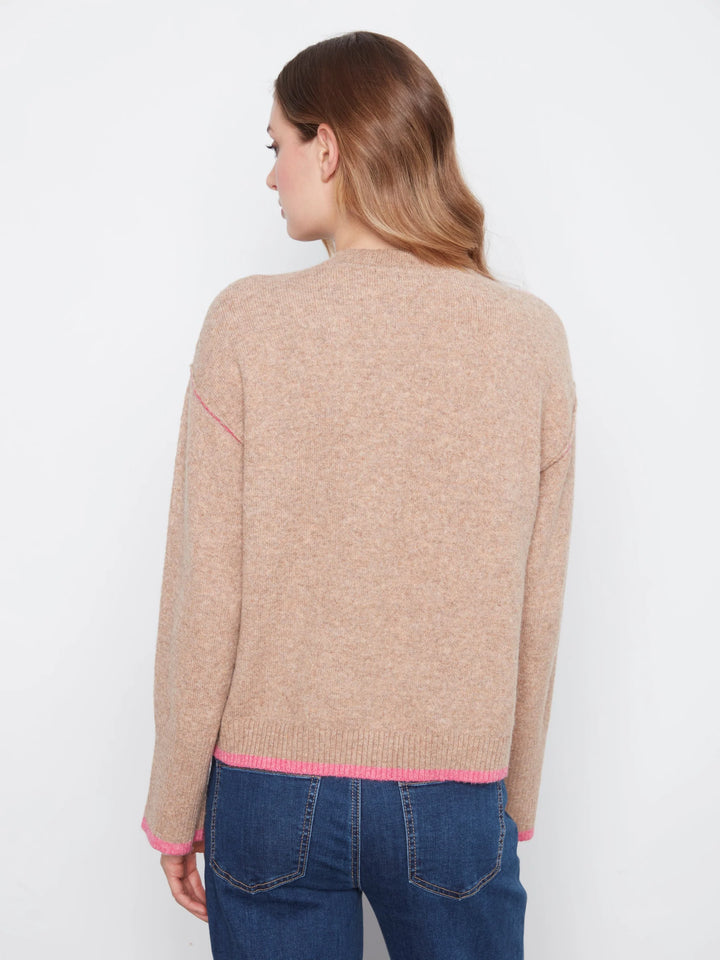 Wide Long Sleeve Drop Shoulder Crew Neck Sweater With Asymmetric Hem Detail &amp; Contrast Tipping