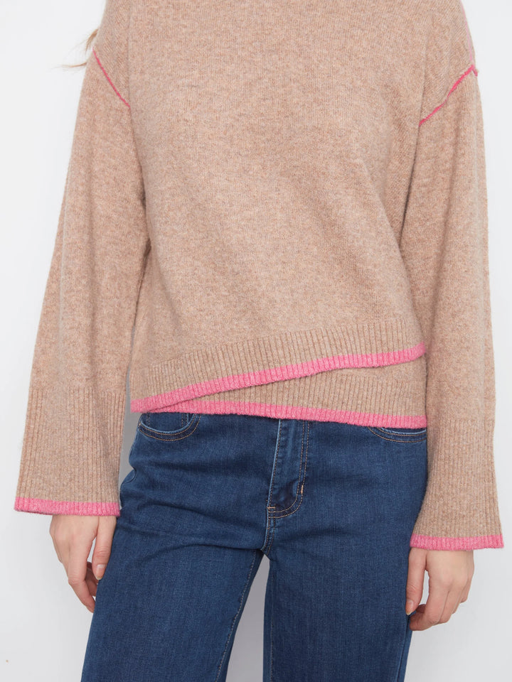 Wide Long Sleeve Drop Shoulder Crew Neck Sweater With Asymmetric Hem Detail &amp; Contrast Tipping