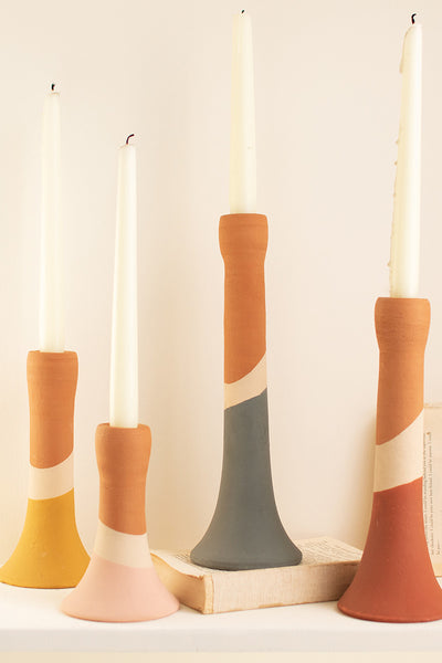 Clay Multi-Color Striped Taper Candle Holders