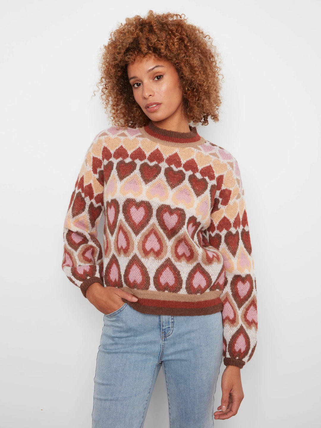 Jaquard Heart Printed Mock Neck Sweater