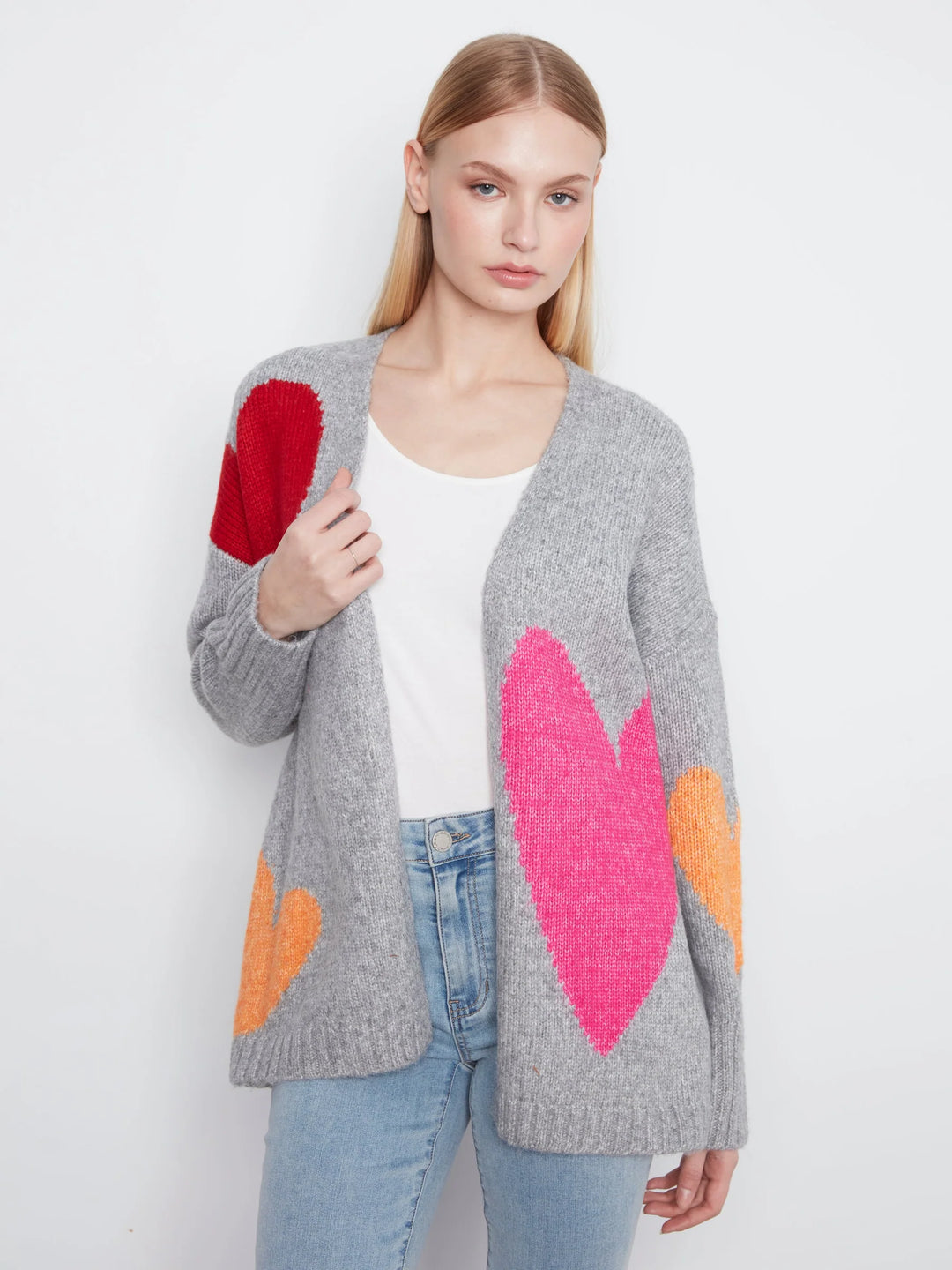 Heart Placement Print Open Front Cardigan