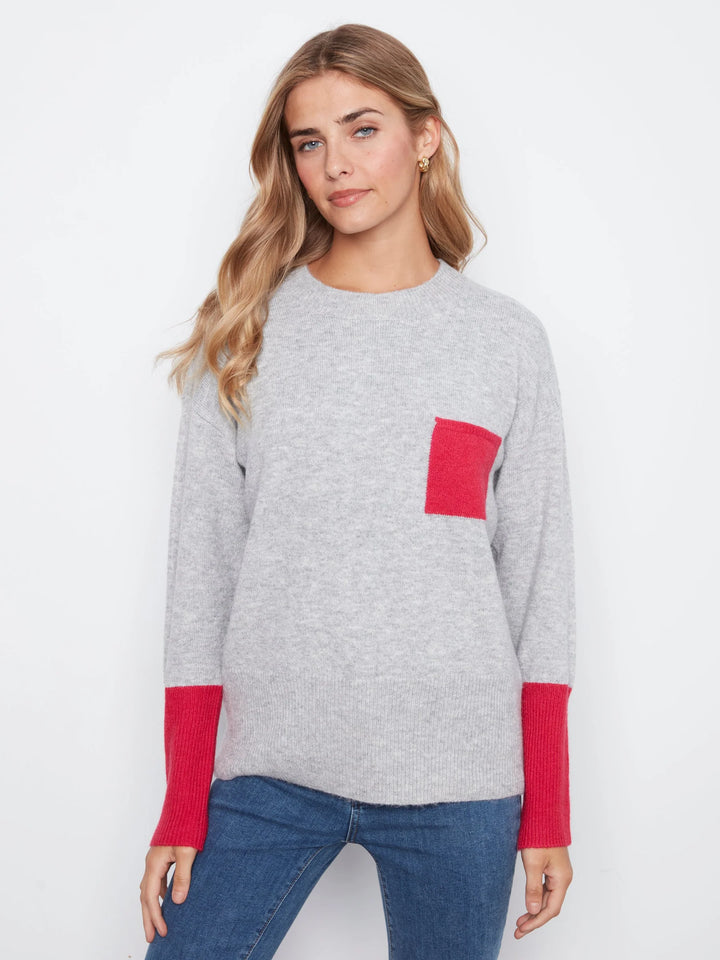 Long Sleeve Drop Shoulder Color Block Sweater With Chest Pocket
