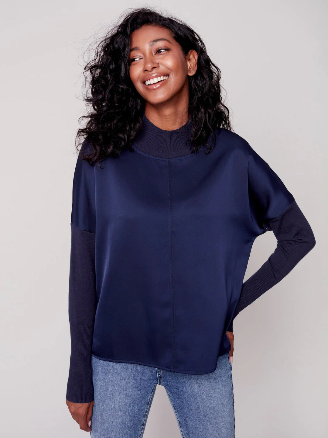 Mock neck satin knit top