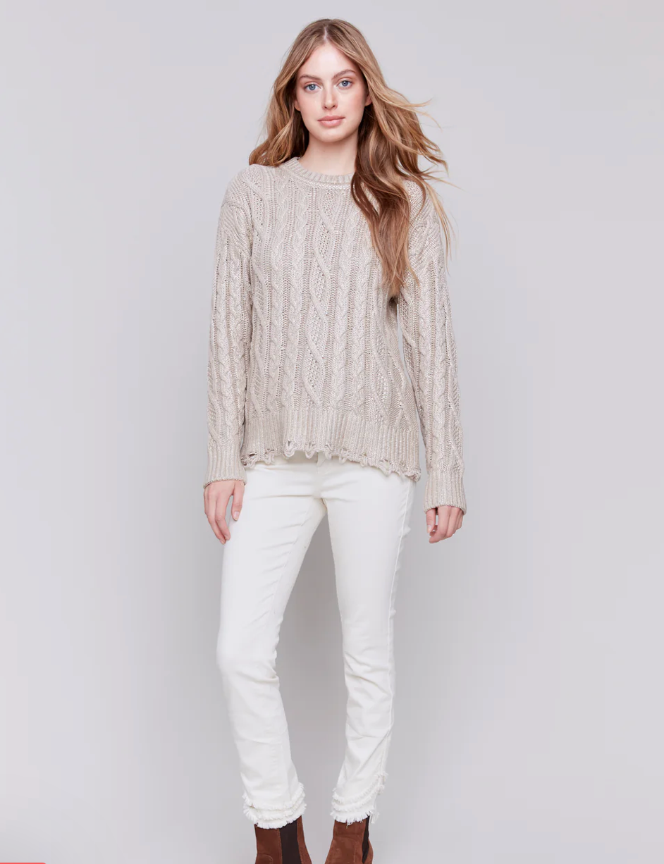 Foiled Cable Knit Crew Neck Sweater with Distressed Hem