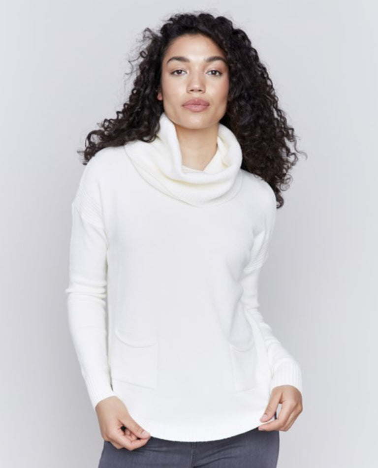 Round Hem Sweater with Front Pockets and Removable Scarf