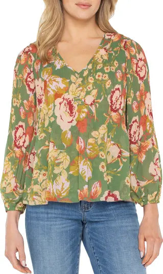 Long Sleeve V Neck Pleated Top