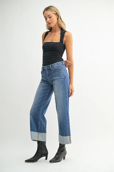 Scissor cut cuffed slim wide jean