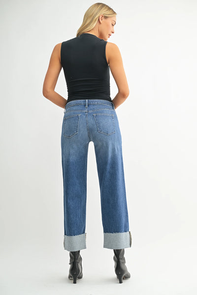 Scissor cut cuffed slim wide jean