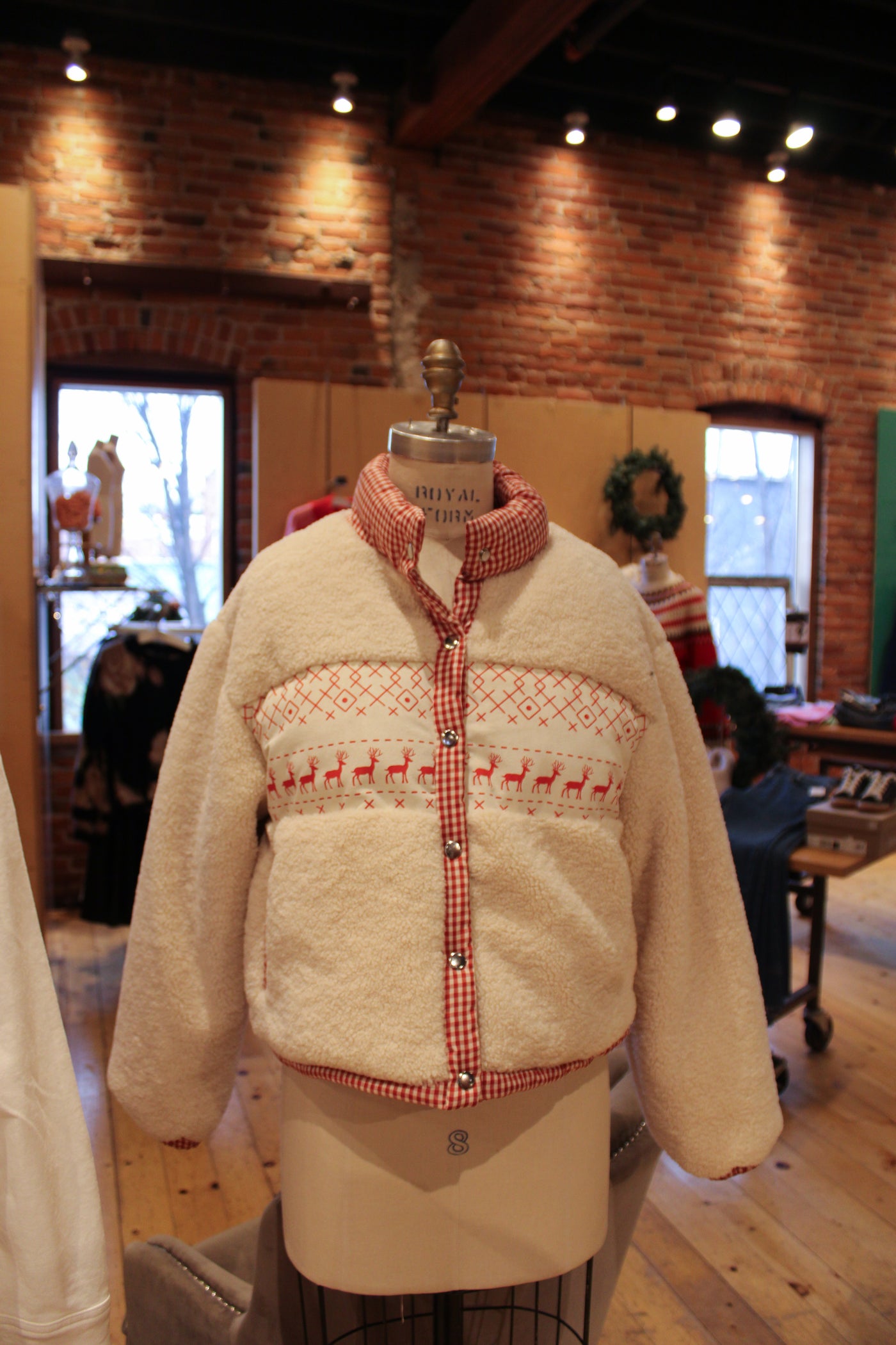 Cozy Sherpa Jacket with Gingham Lining and Holiday Trim