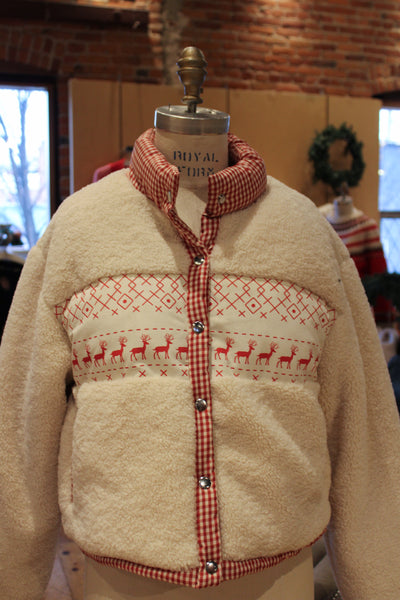 Cozy Sherpa Jacket with Gingham Lining and Holiday Trim
