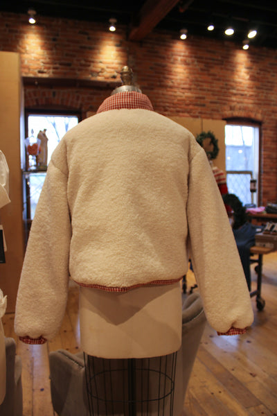 Cozy Sherpa Jacket with Gingham Lining and Holiday Trim