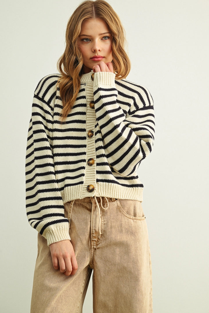 Striped Pattern Button Front Knitted Cardigan