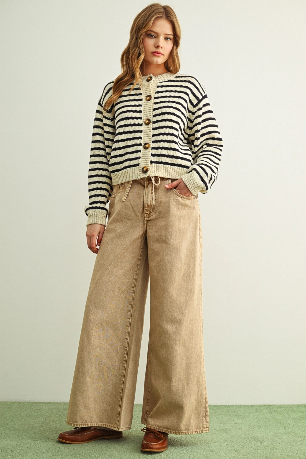 Striped Pattern Button Front Knitted Cardigan