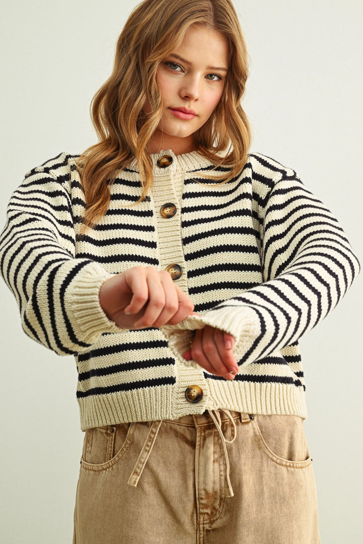 Striped Pattern Button Front Knitted Cardigan