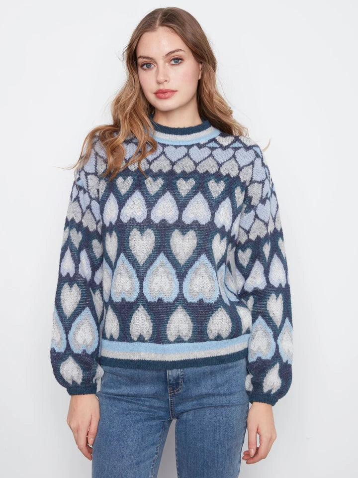 Jaquard Heart Printed Mock Neck Sweater - Navy