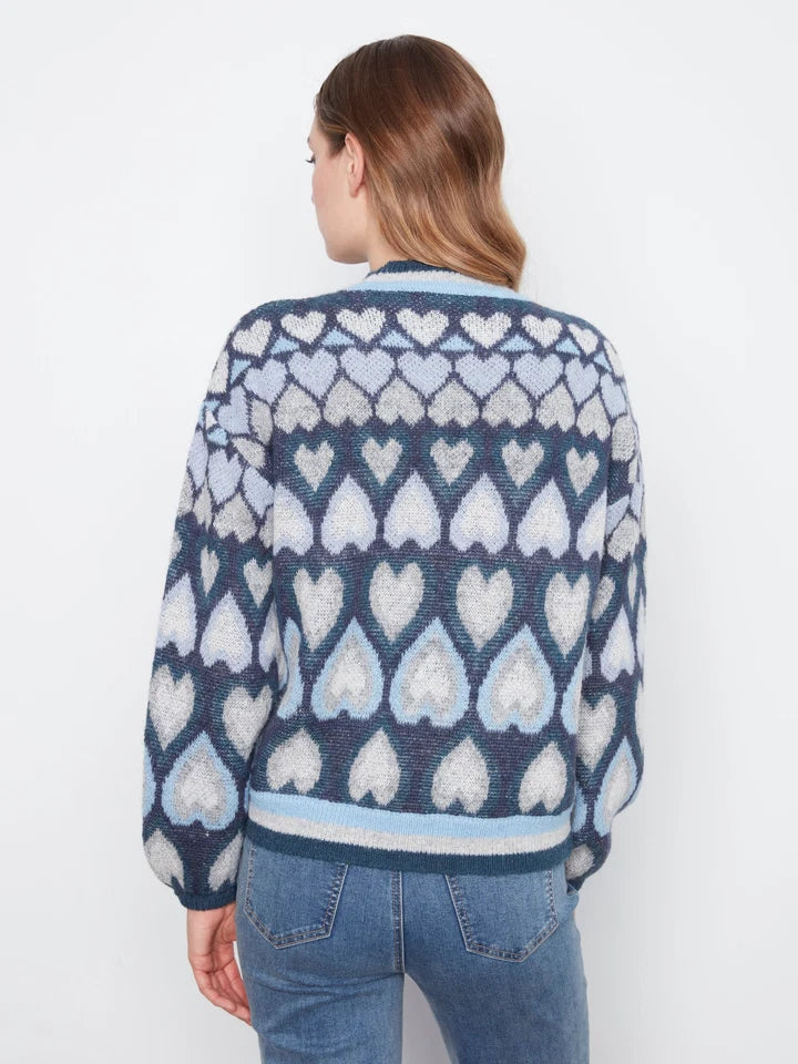 Jaquard Heart Printed Mock Neck Sweater - Navy