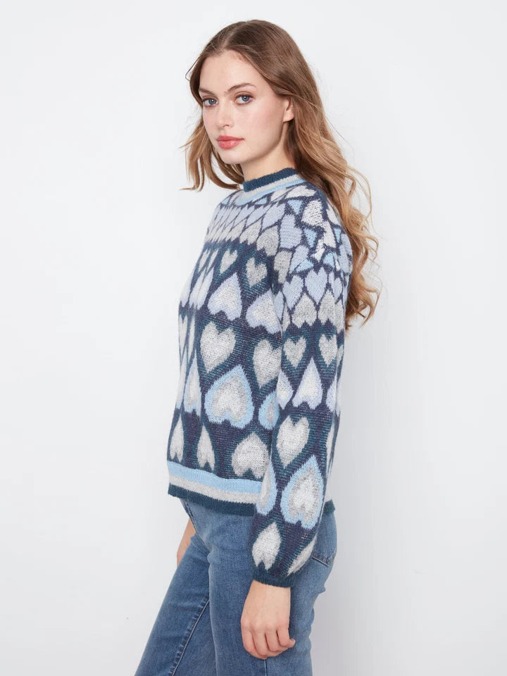 Jaquard Heart Printed Mock Neck Sweater - Navy