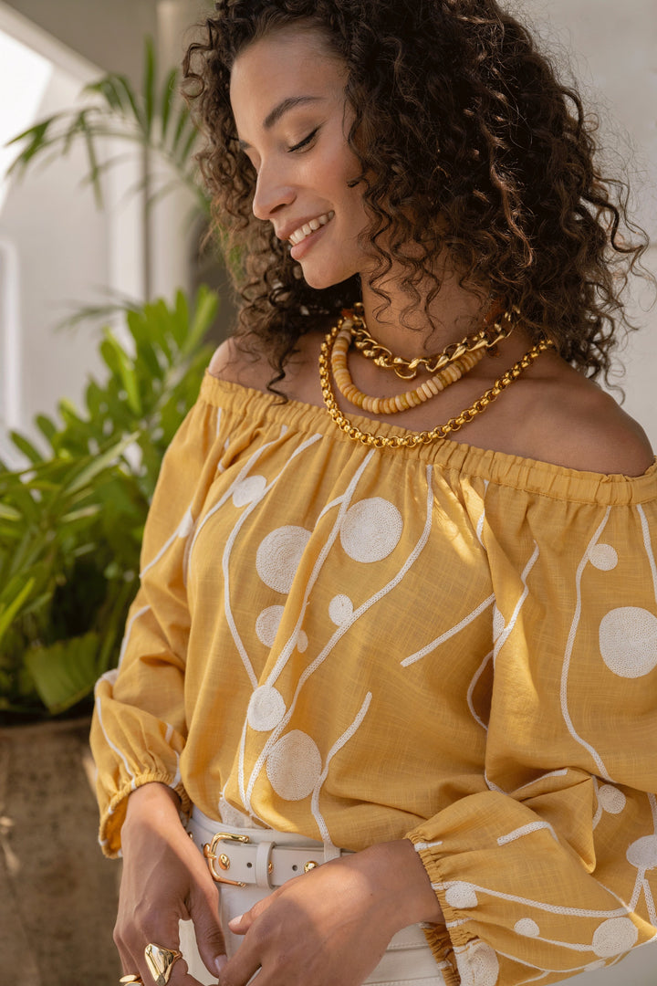 Embroidered 3/4 Sleeve Woven Top