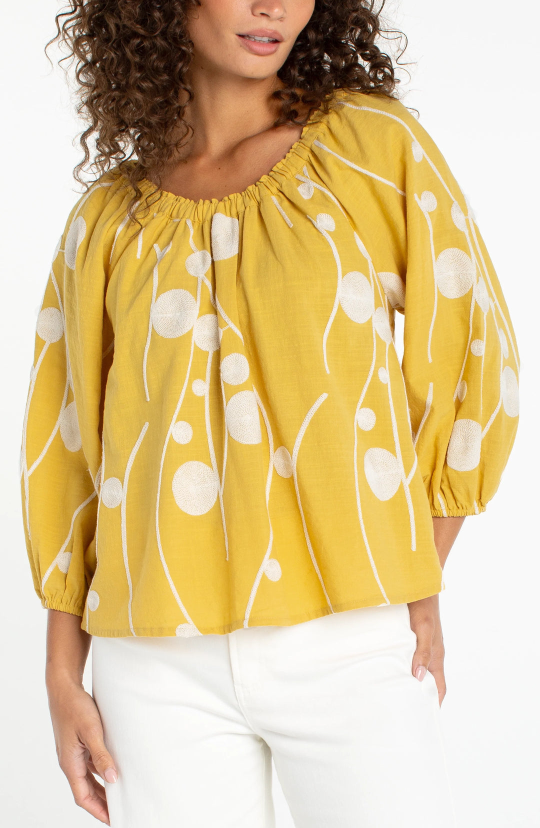 Embroidered 3/4 Sleeve Woven Top