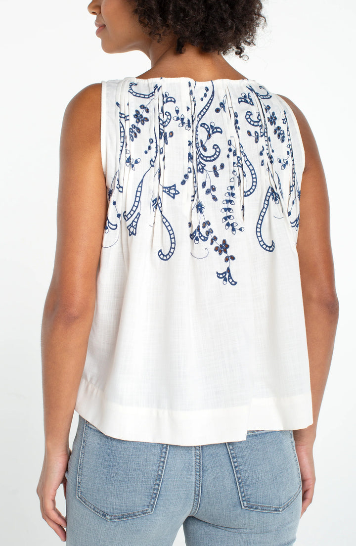 Sleeveless Boat Neck Woven Top With Pintucks