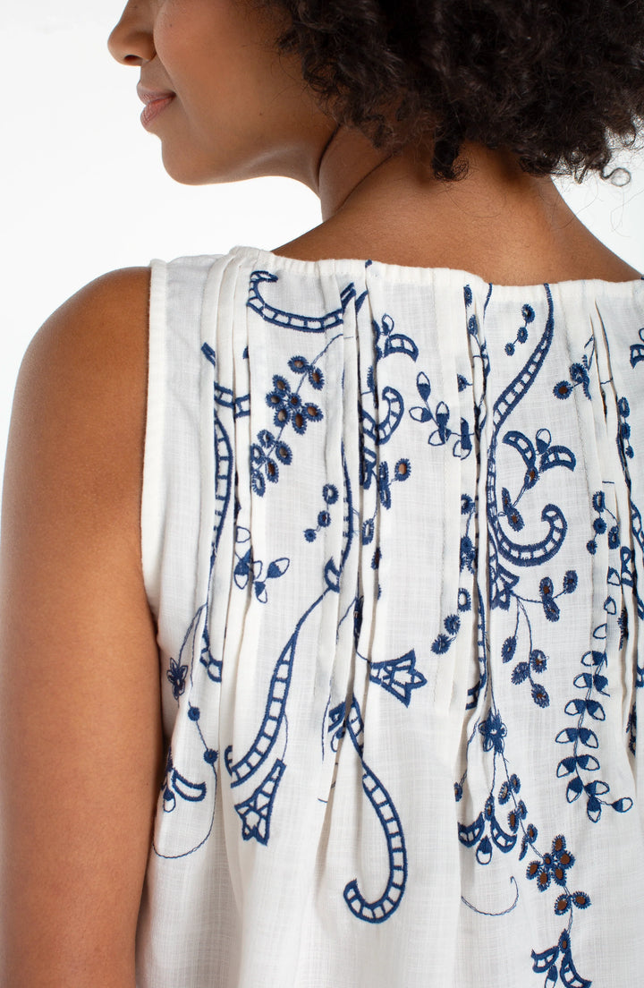 Sleeveless Boat Neck Woven Top With Pintucks