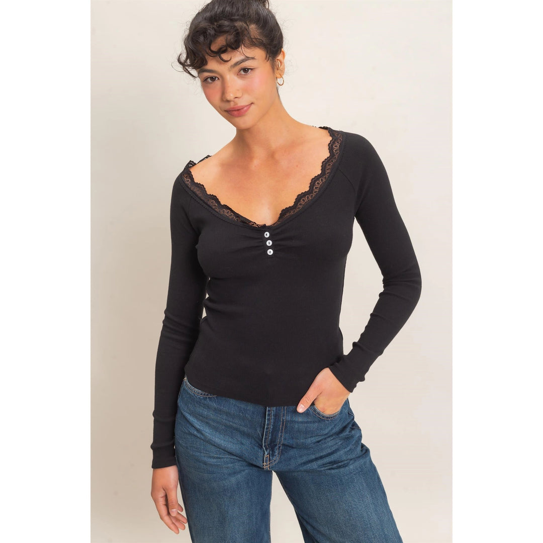 Lace-Trim Henley Top