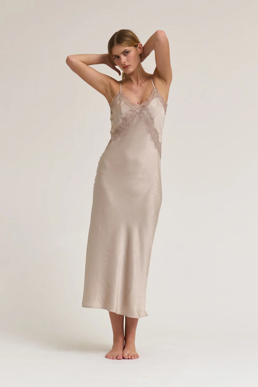Lace Detailed Midi Satin Dress