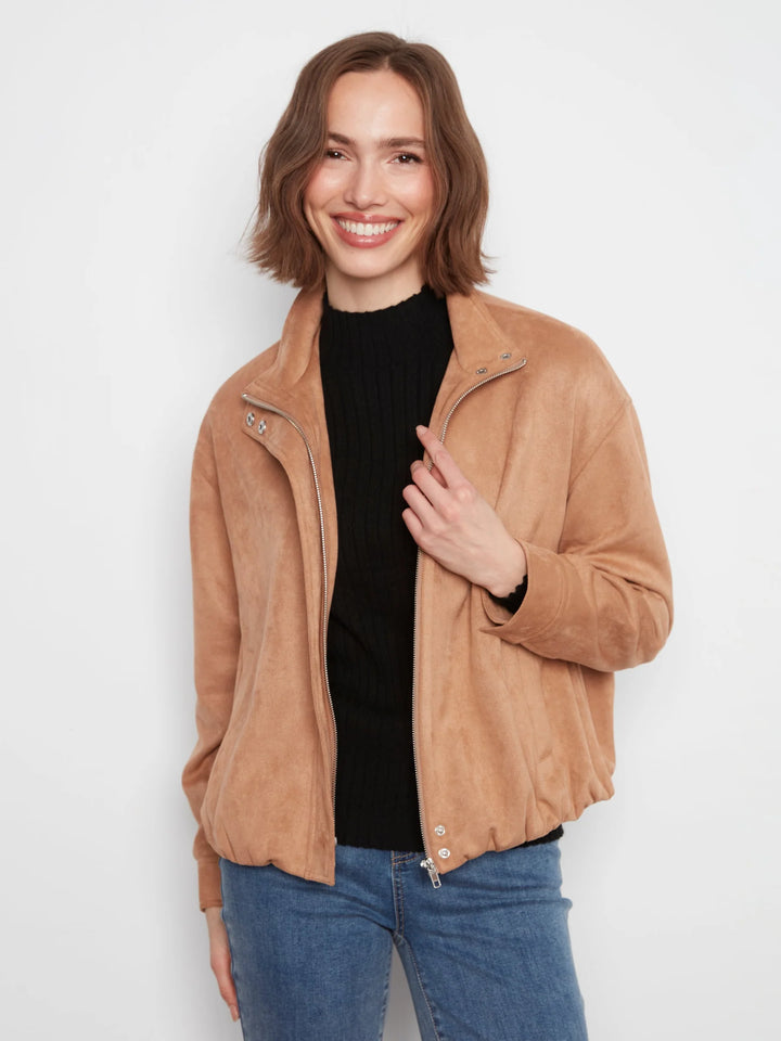 Front Zip Faux Suede Leather Jacket with Front Pockets in Latte