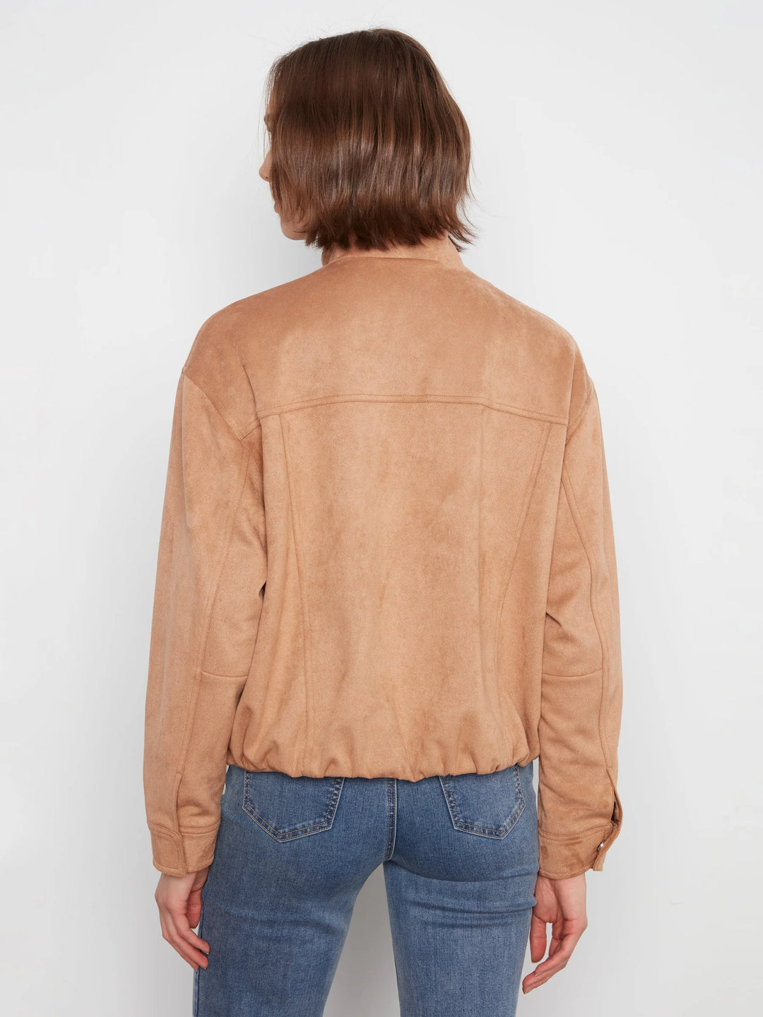 Front Zip Faux Suede Leather Jacket with Front Pockets in Latte