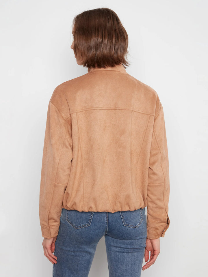 Front Zip Faux Suede Leather Jacket with Front Pockets in Latte