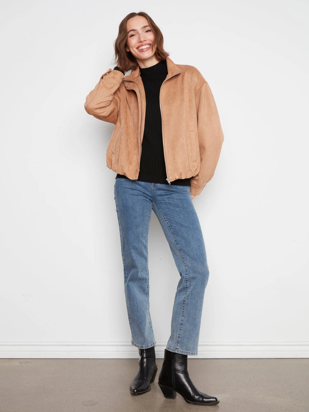 Front Zip Faux Suede Leather Jacket with Front Pockets in Latte