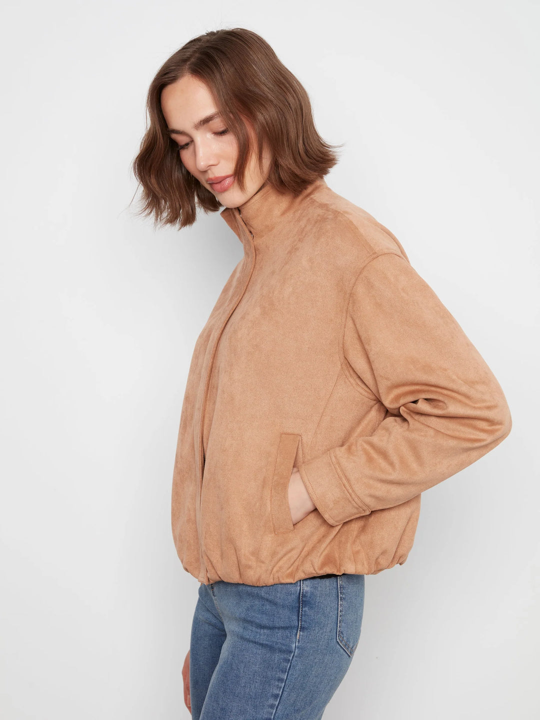 Front Zip Faux Suede Leather Jacket with Front Pockets in Latte