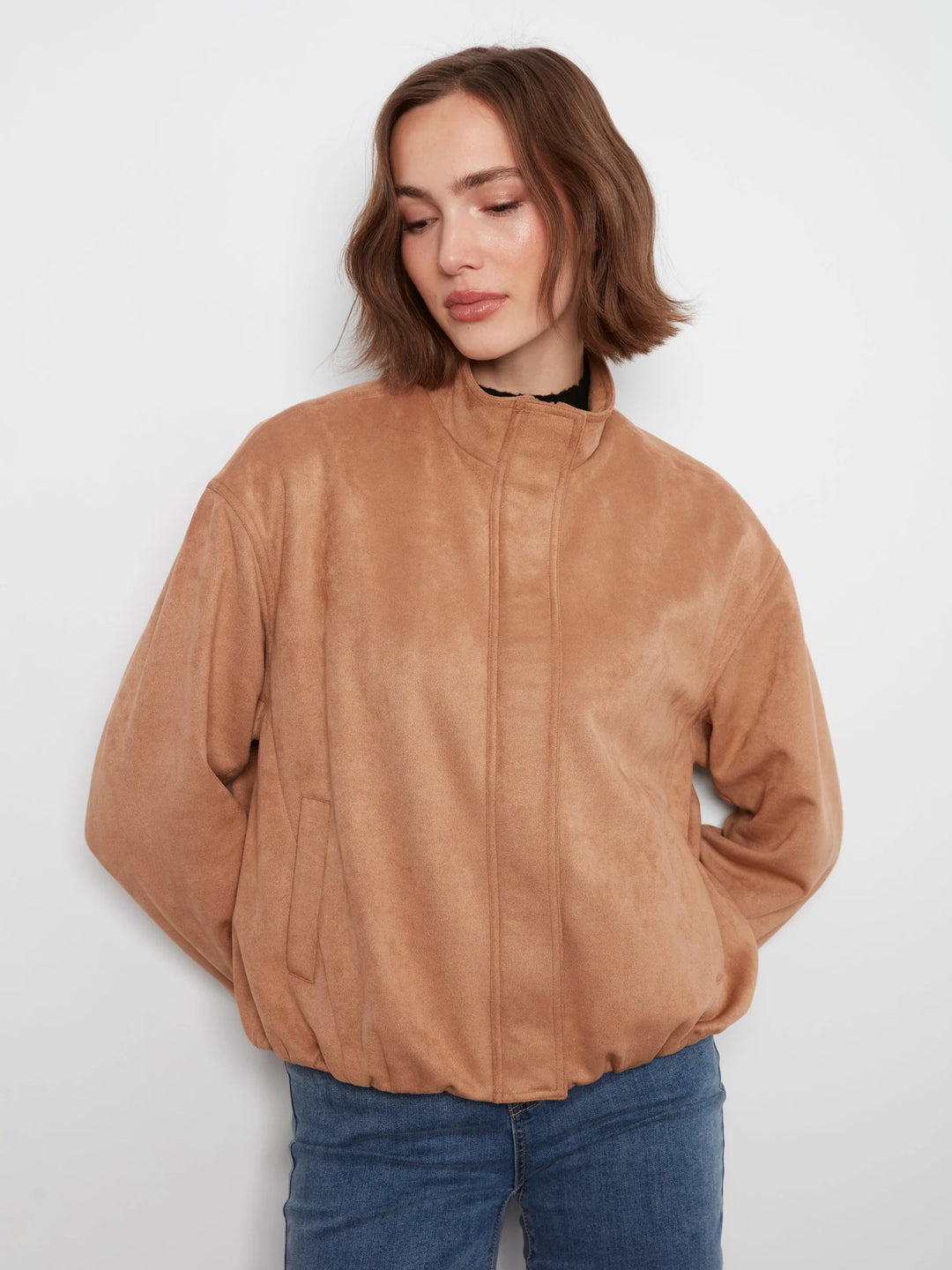 Front Zip Faux Suede Leather Jacket with Front Pockets in Latte