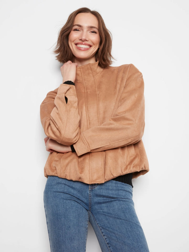 Front Zip Faux Suede Leather Jacket with Front Pockets in Latte