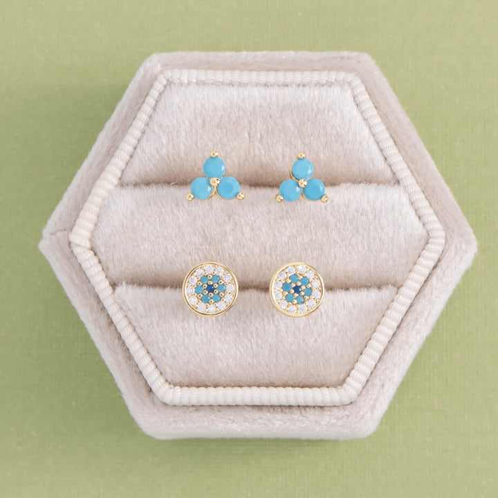 Light Blue Triple Cluster Studs on Velvet Tag