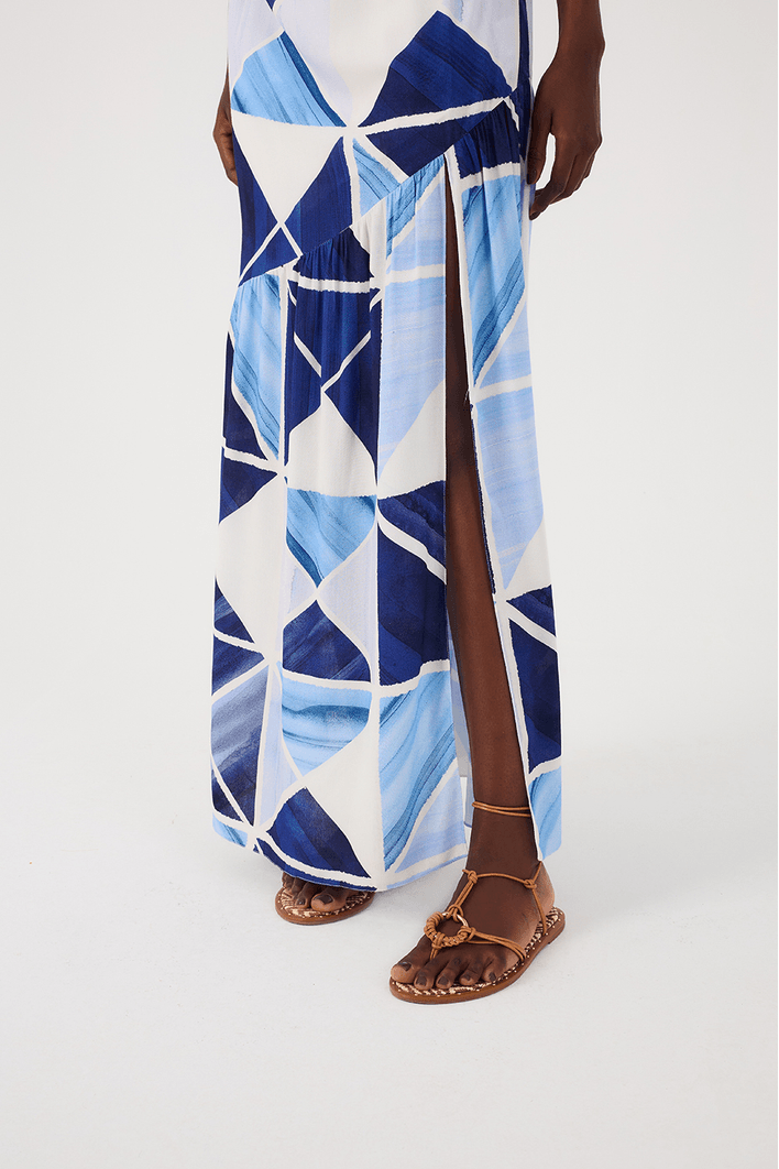 Long Crepe Dress Mosaic Print