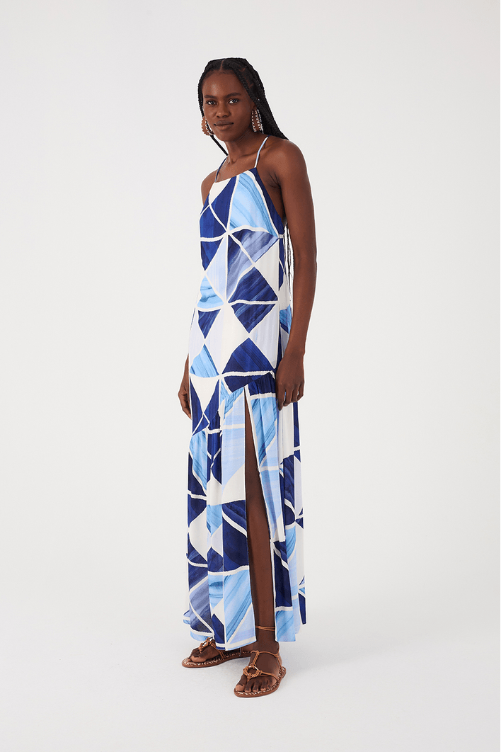Long Crepe Dress Mosaic Print