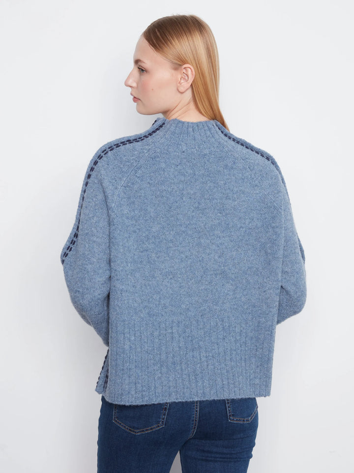 Long Raglan Sleeve Mock Neck With Stitch Detail
