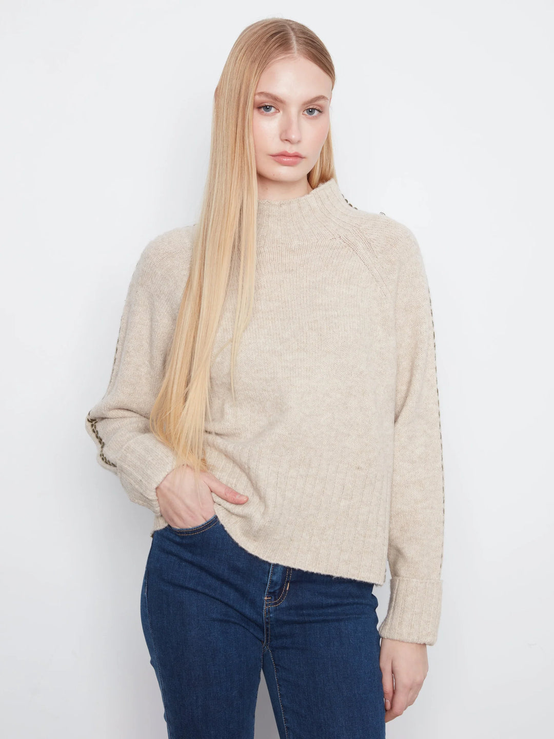 Long Raglan Sleeve Mock Neck With Stitch Detail