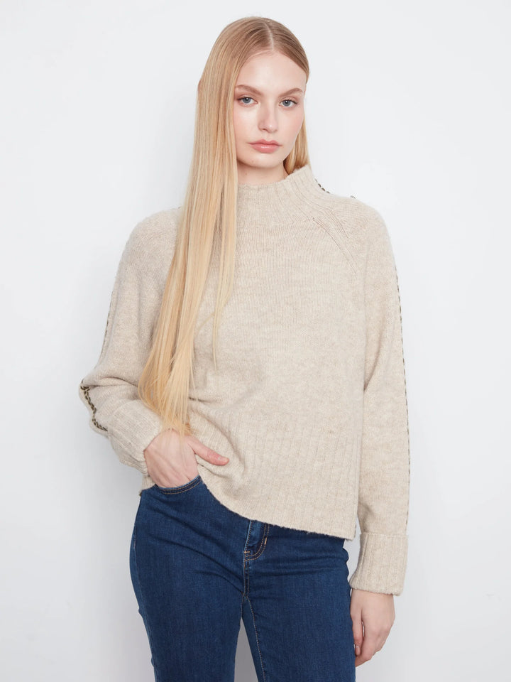 Long Raglan Sleeve Mock Neck With Stitch Detail