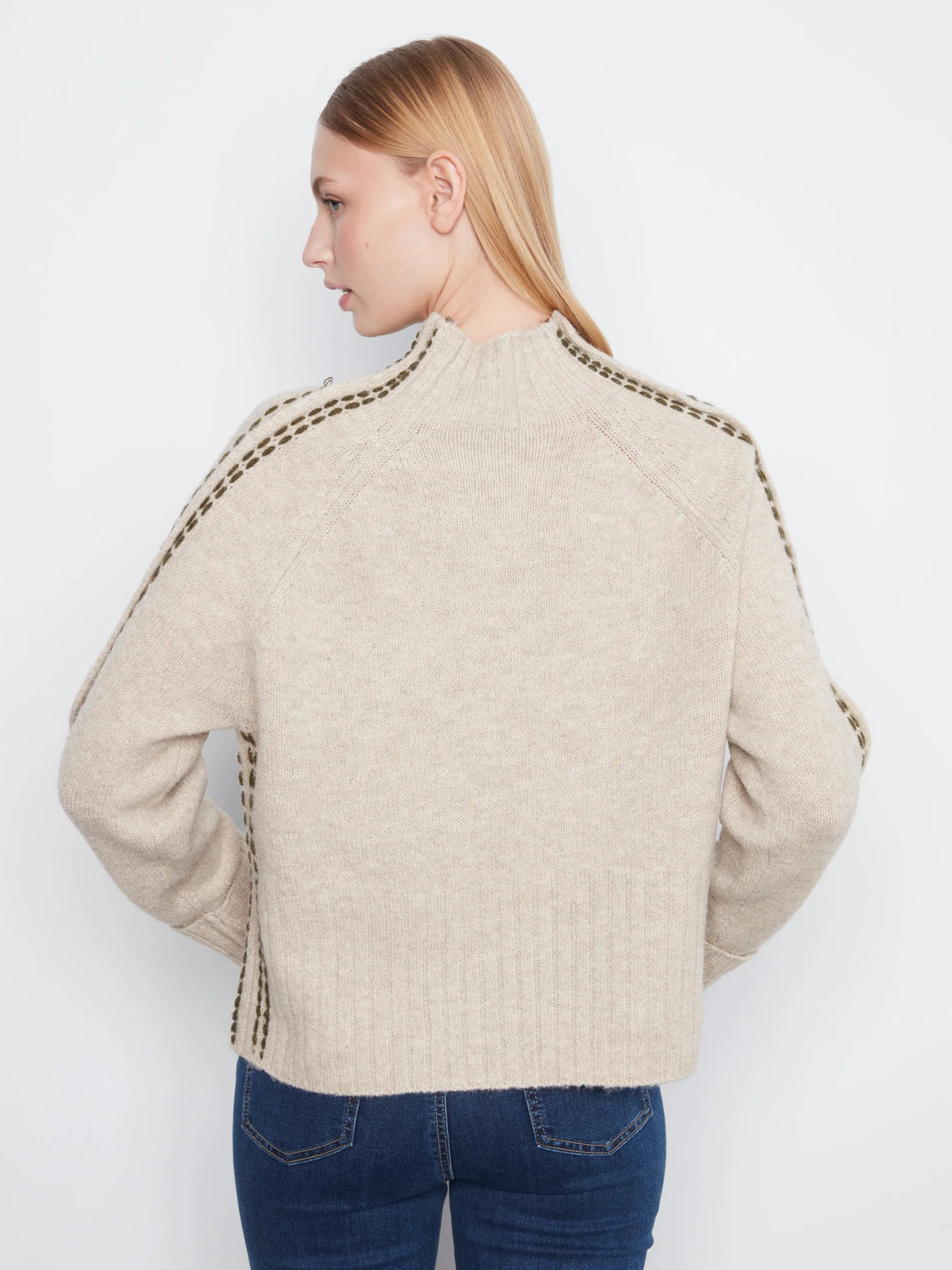 Long Raglan Sleeve Mock Neck With Stitch Detail