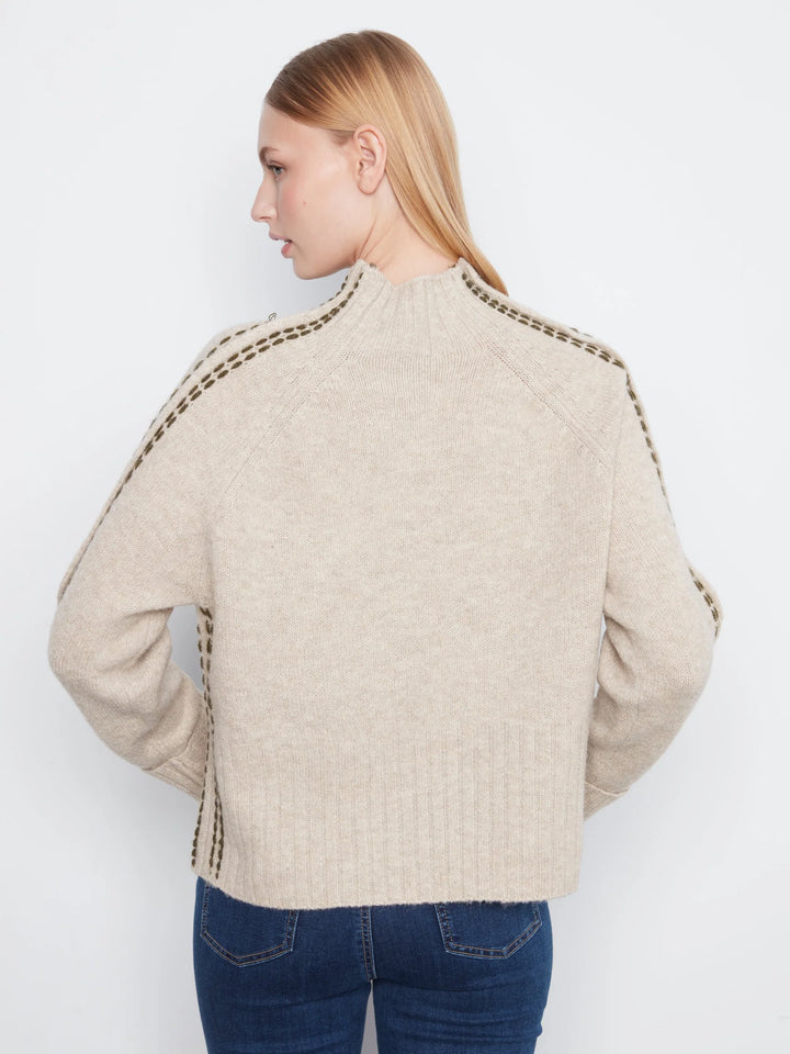 Long Raglan Sleeve Mock Neck With Stitch Detail