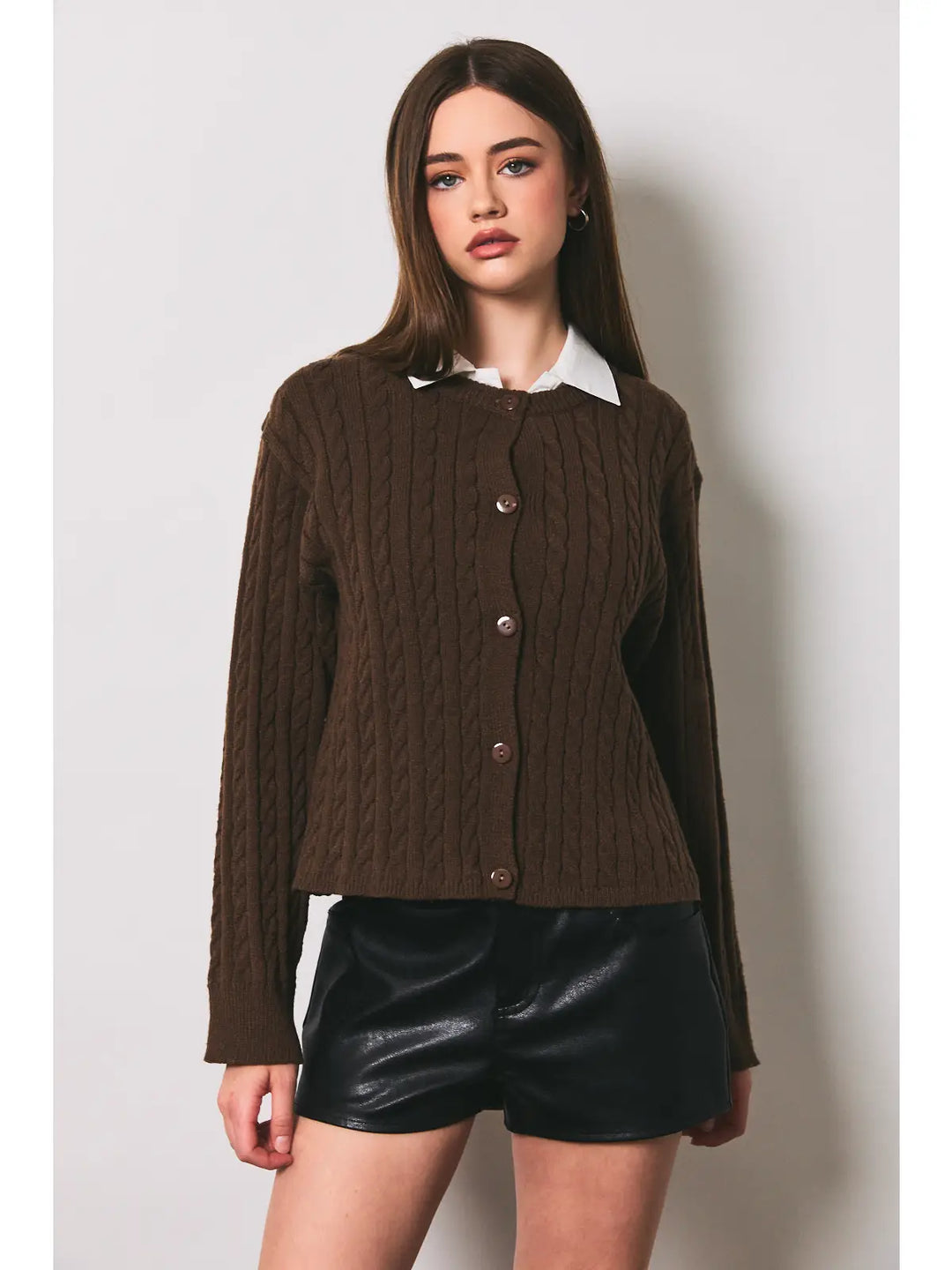 Long Sleeve Crew Neck Cable Boxy Sweater Cardigan
