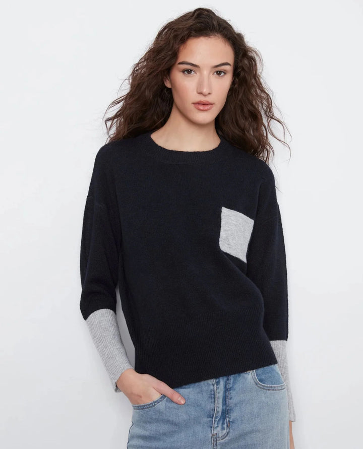 Long Sleeve Drop Shoulder Color Block Sweater With Chest Pocket - Navy