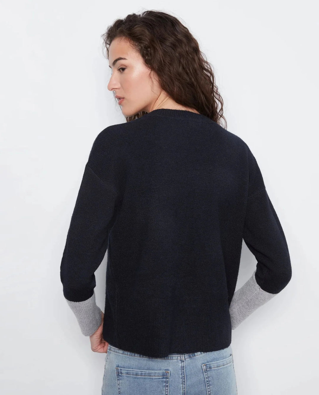 Long Sleeve Drop Shoulder Color Block Sweater With Chest Pocket - Navy