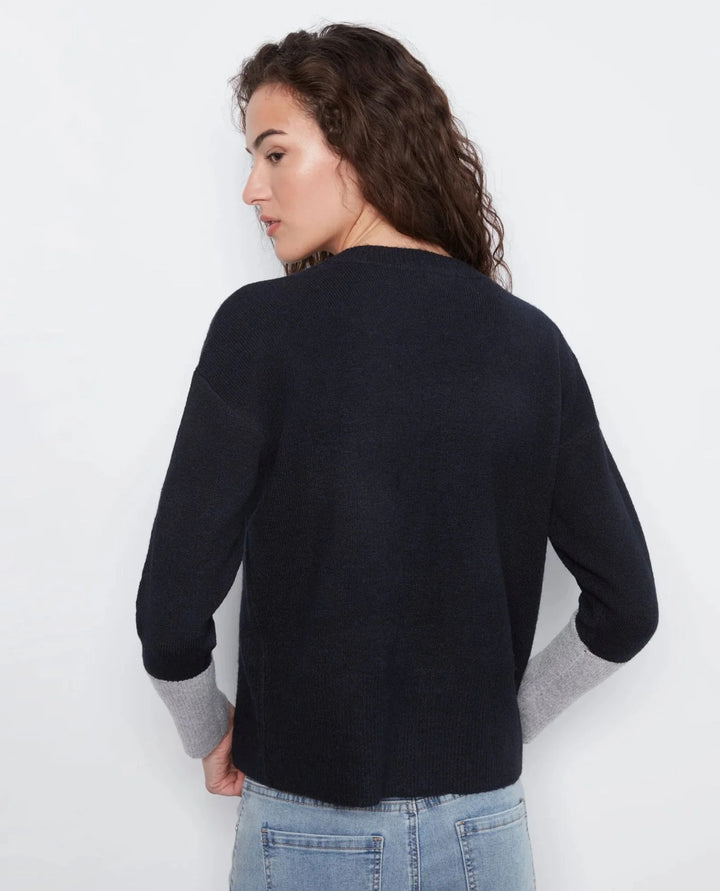 Long Sleeve Drop Shoulder Color Block Sweater With Chest Pocket - Navy
